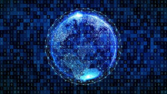 蓝色线路世界全球商业互联网技术概念中带有数字计算机网络连接线路和
