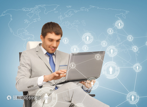 商业,技术,互联网网络商人网络与笔记本电脑虚拟屏幕